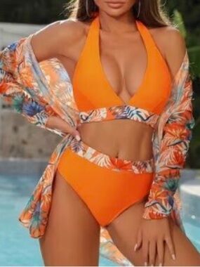 Orange Tropical 3pc Bikini Set L High Waisted Halter Swimwear Cover Up